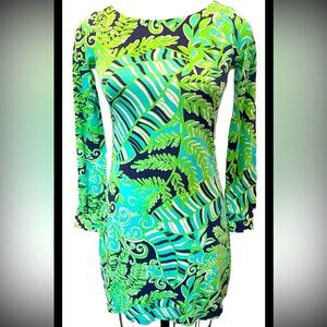 Lilly Pulitzer Fern Pattern Long Sleeve Shirt Dress Blue Green Silk Blend XS
